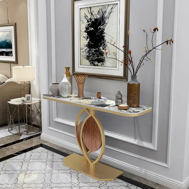 Consolle moderna con ripiano in marmo e base oro per ingresso e soggiorno - 122x30x79 cm