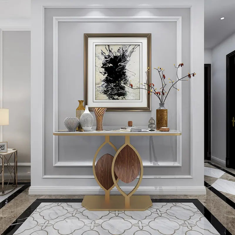 Consolle moderna con ripiano in marmo e base oro per ingresso e soggiorno - 122x30x79 cm