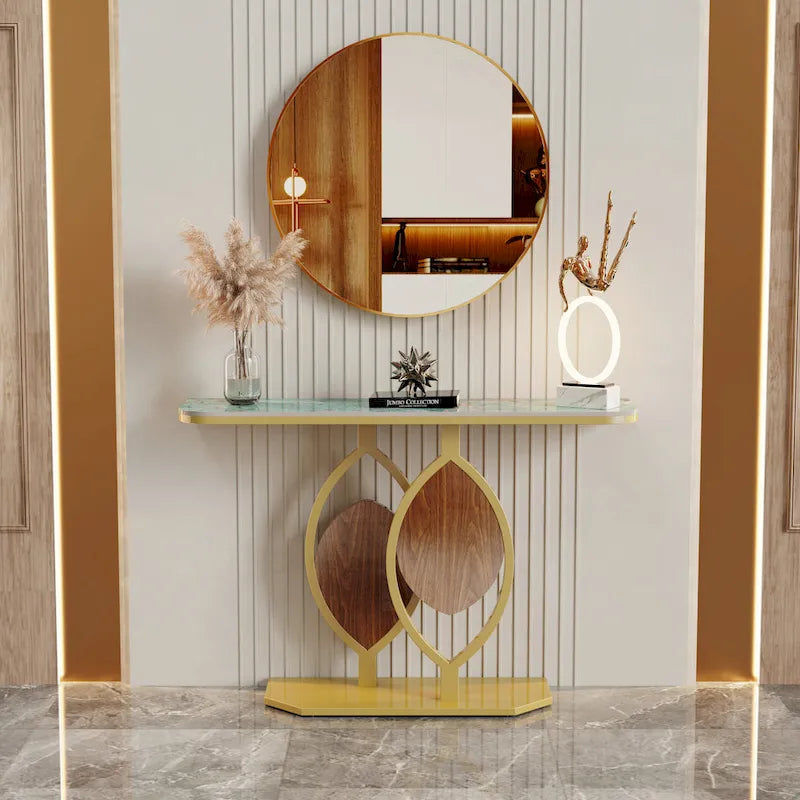 Consolle moderna con ripiano in marmo e base oro per ingresso e soggiorno - 122x30x79 cm
