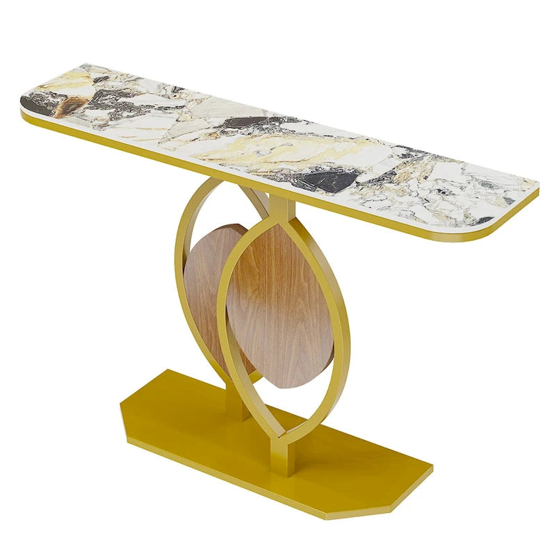 Consolle moderna con ripiano in marmo e base oro per ingresso e soggiorno - 122x30x79 cm