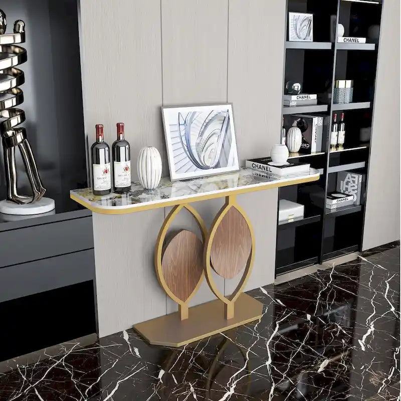 Consolle moderna con ripiano in marmo e base oro per ingresso e soggiorno - 122x30x79 cm