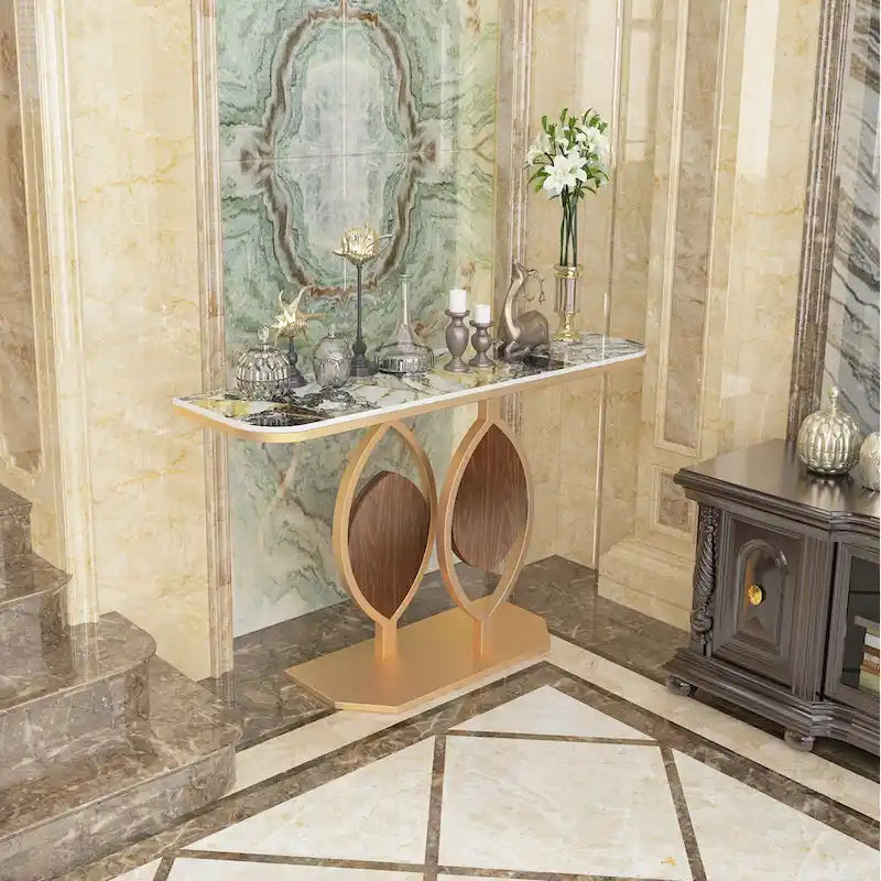 Consolle moderna con ripiano in marmo e base oro per ingresso e soggiorno - 122x30x79 cm