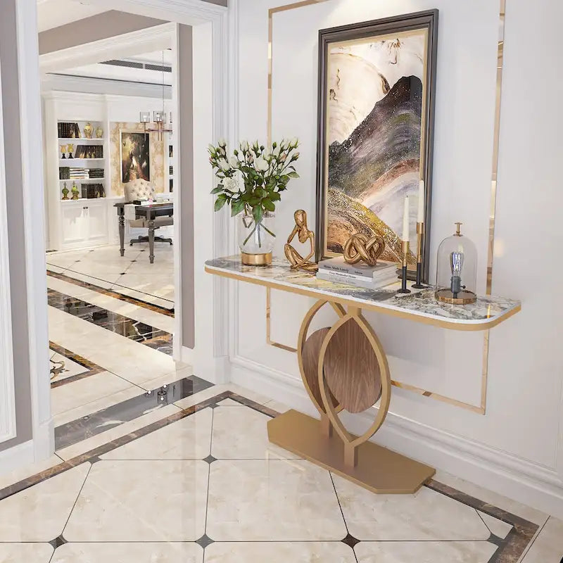 Consolle moderna con ripiano in marmo e base oro per ingresso e soggiorno - 122x30x79 cm
