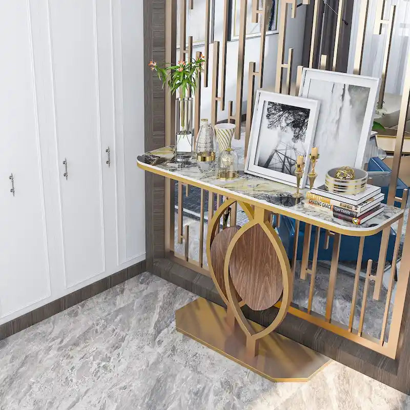 Consolle moderna con ripiano in marmo e base oro per ingresso e soggiorno - 122x30x79 cm
