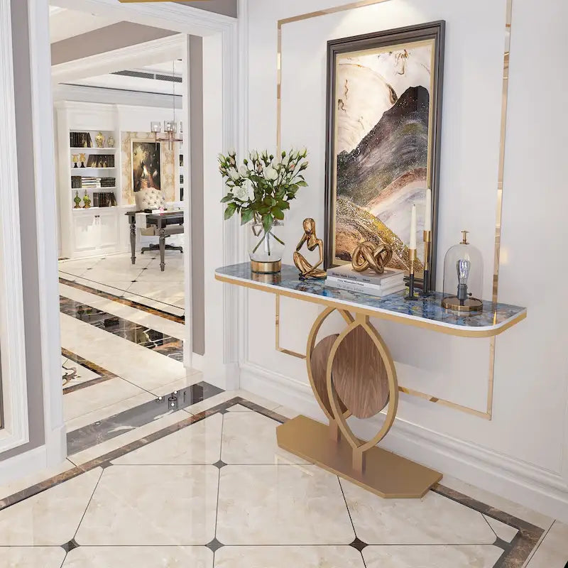 Consolle moderna con ripiano in marmo e base oro per ingresso e soggiorno - 122x30x79 cm
