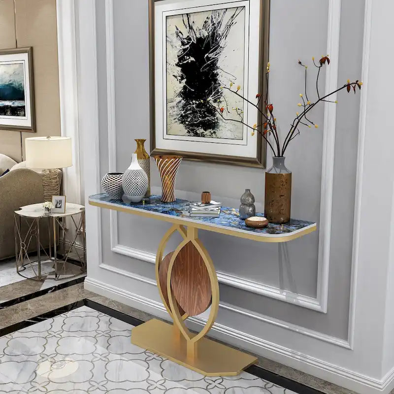 Consolle moderna con ripiano in marmo e base oro per ingresso e soggiorno - 122x30x79 cm