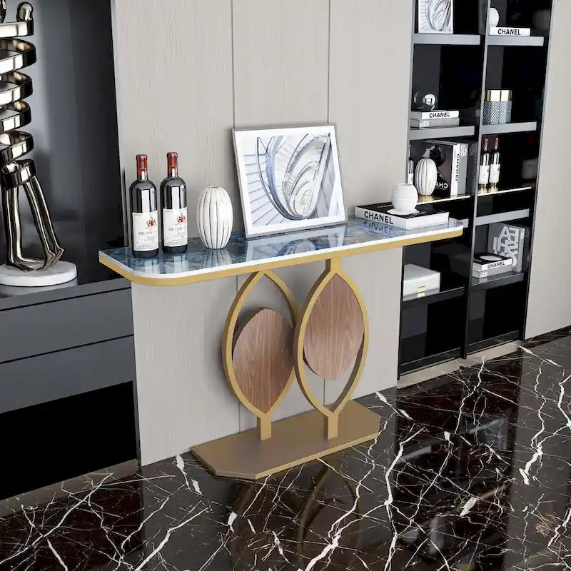 Consolle moderna con ripiano in marmo e base oro per ingresso e soggiorno - 122x30x79 cm