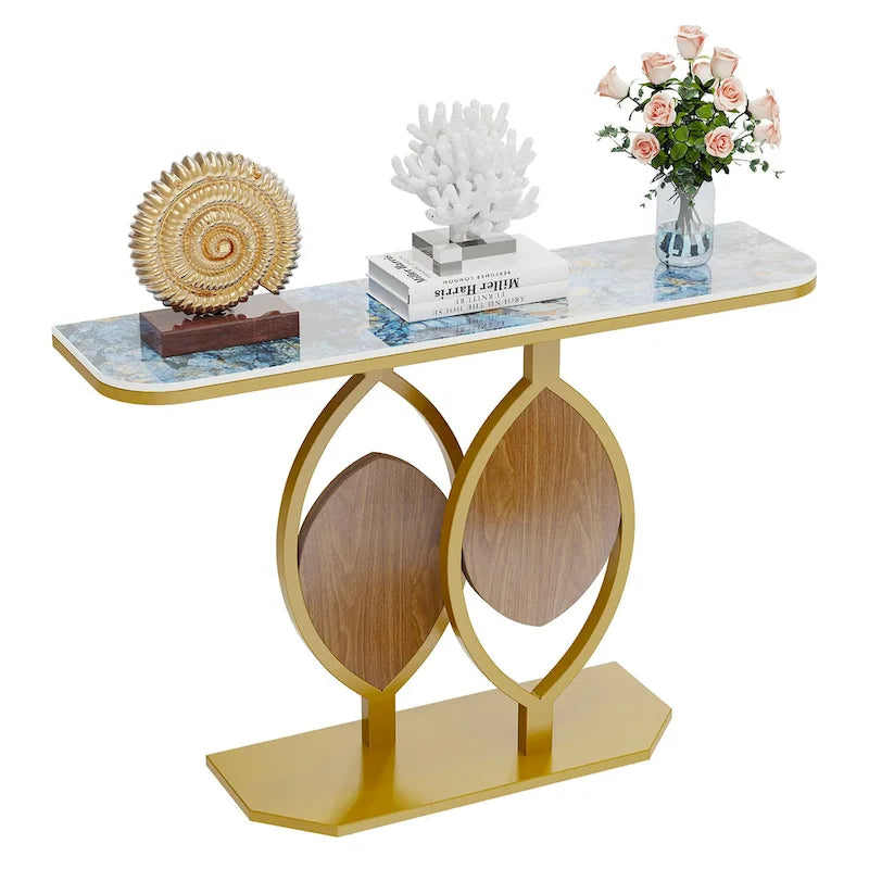 Consolle moderna con ripiano in marmo e base oro per ingresso e soggiorno - 122x30x79 cm