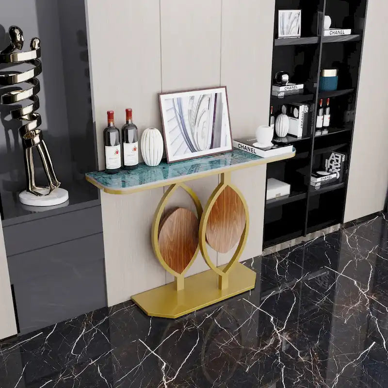 Consolle moderna con ripiano in marmo e base oro per ingresso e soggiorno - 122x30x79 cm
