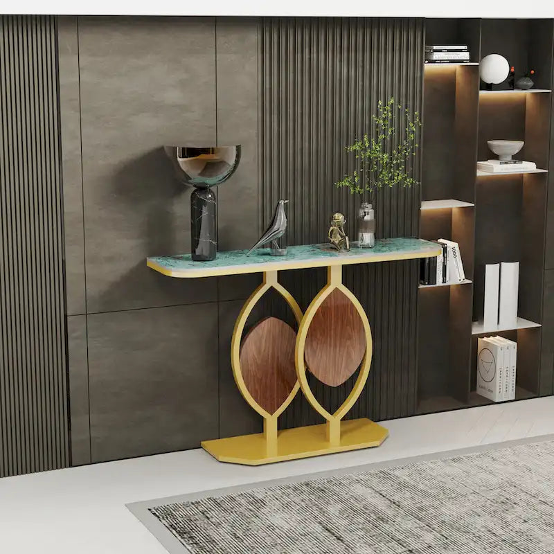 Consolle moderna con ripiano in marmo e base oro per ingresso e soggiorno - 122x30x79 cm