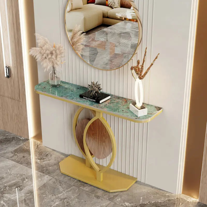 Consolle moderna con ripiano in marmo e base oro per ingresso e soggiorno - 122x30x79 cm
