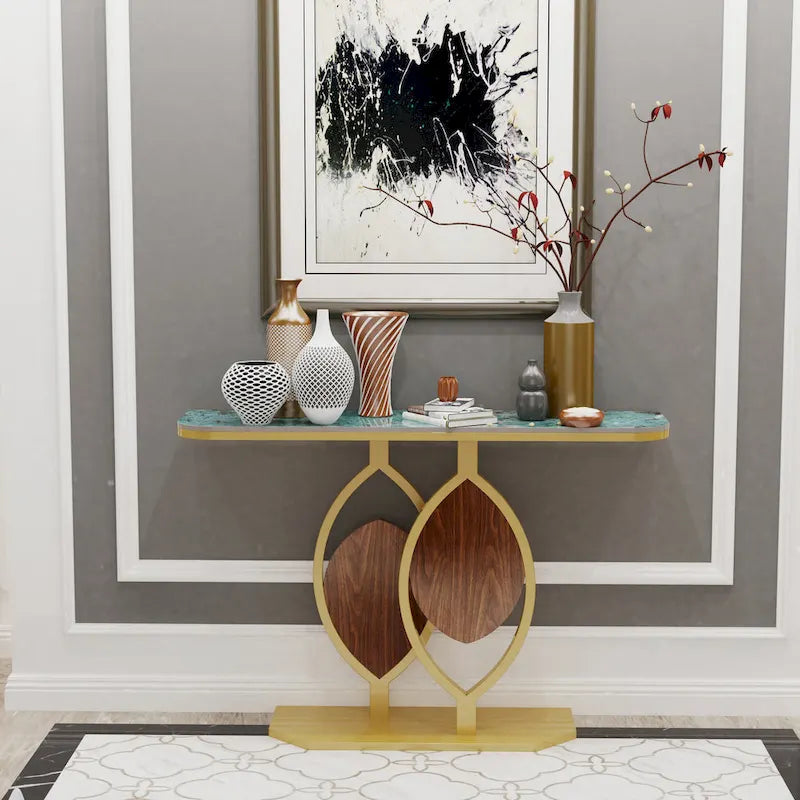 Consolle moderna con ripiano in marmo e base oro per ingresso e soggiorno - 122x30x79 cm