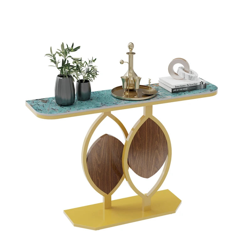 Consolle moderna con ripiano in marmo e base oro per ingresso e soggiorno - 122x30x79 cm