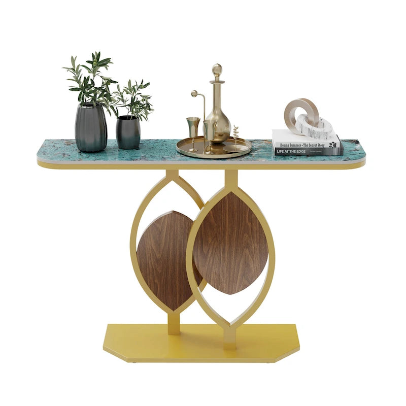 Consolle moderna con ripiano in marmo e base oro per ingresso e soggiorno - 122x30x79 cm