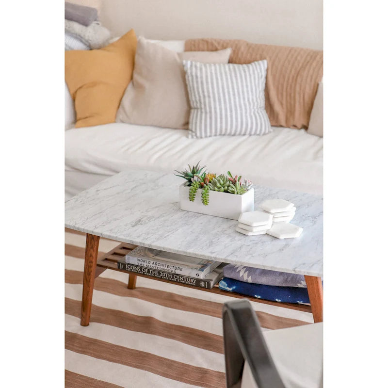 Belle table basse en marbre blanc de Carrare italien pour un salon modernisé et élégant