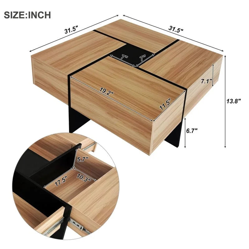 Tavolino da caffè dal design unico con 4 vani portaoggetti nascosti, Tavolino da cocktail quadrato con piano scorrevole allungabile