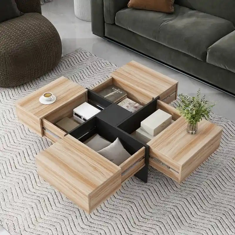 Tavolino da caffè dal design unico con 4 vani portaoggetti nascosti, Tavolino da cocktail quadrato con piano scorrevole allungabile