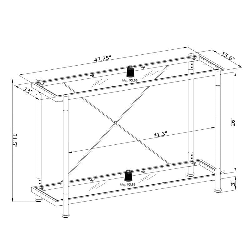 Consolle a 2 ripiani Grondin Modern Contemporary con piano in vetro temperato, ripiano inferiore, struttura in acciaio e acrilico