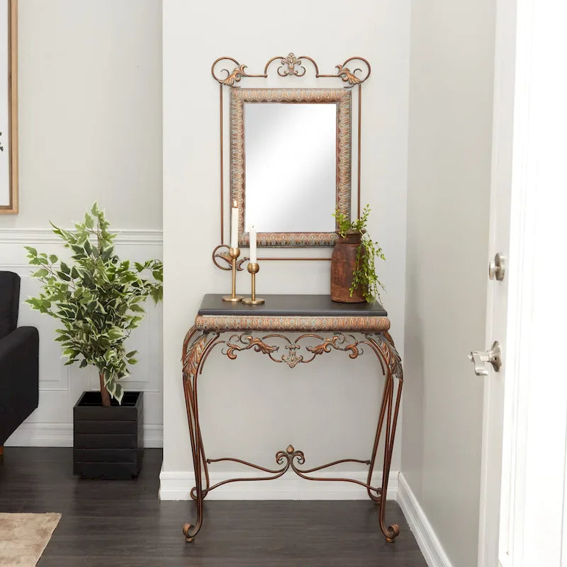 Console en métal feuillagé avec miroir et pieds à volutes - Lot de 2 en bronze - Décoration Roche River - 1W x 23L x 32H