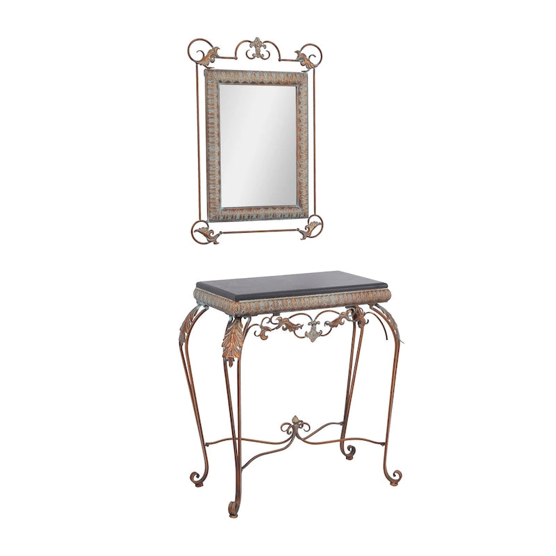 Console en métal feuillagé avec miroir et pieds à volutes - Lot de 2 en bronze - Décoration Roche River - 1W x 23L x 32H