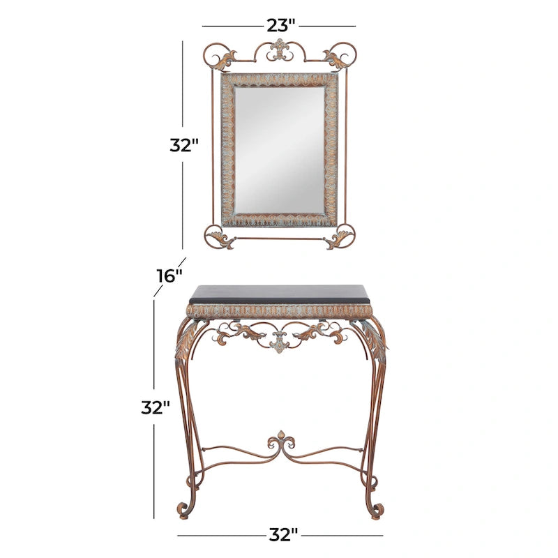 Console en métal feuillagé avec miroir et pieds à volutes - Lot de 2 en bronze - Décoration Roche River - 1W x 23L x 32H
