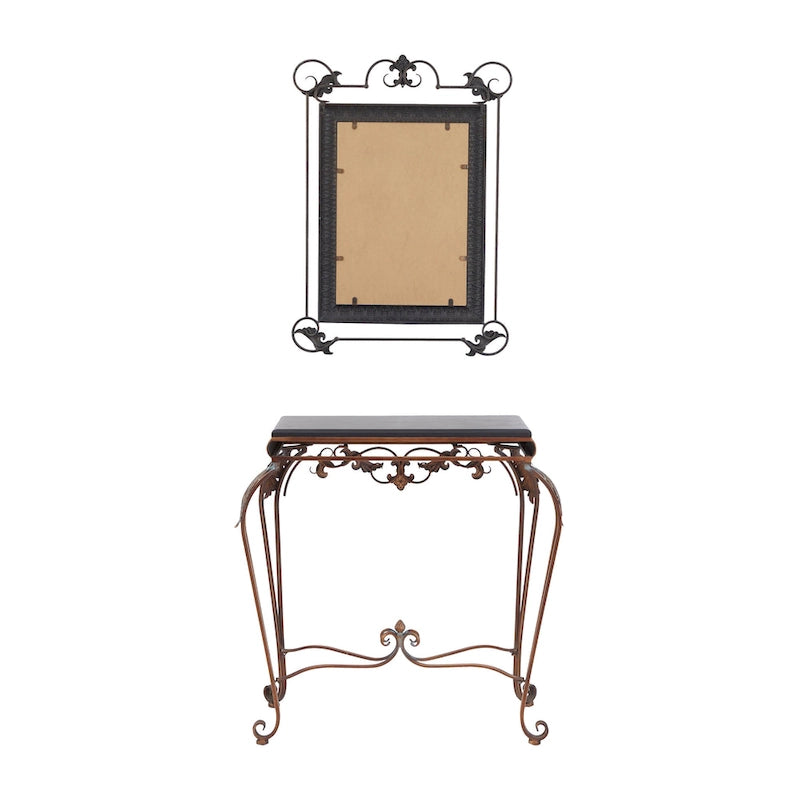 Console en métal feuillagé avec miroir et pieds à volutes - Lot de 2 en bronze - Décoration Roche River - 1W x 23L x 32H