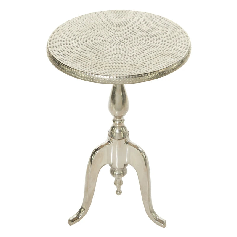 Tavolino d'accento piccolo in alluminio tornito con piano martellato e gambe a voluta - Argento - Roche River Decor - 15L x 15P x 22A