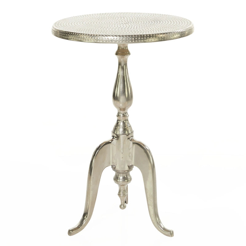 Tavolino d'accento piccolo in alluminio tornito con piano martellato e gambe a voluta - Argento - Roche River Decor - 15L x 15P x 22A