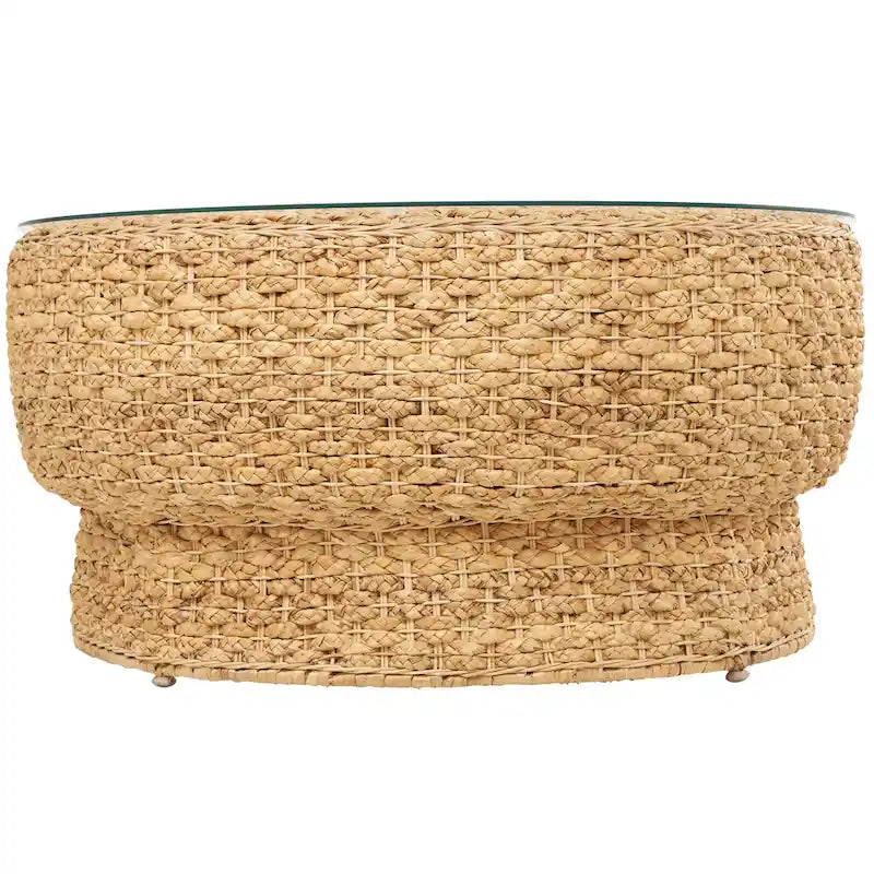 Tavolino da Caffè o d'Appoggio Affusolato in Rattan e Erba Marina Intrecciato a Mano con Piano in Vetro, Marrone Roche River Decor