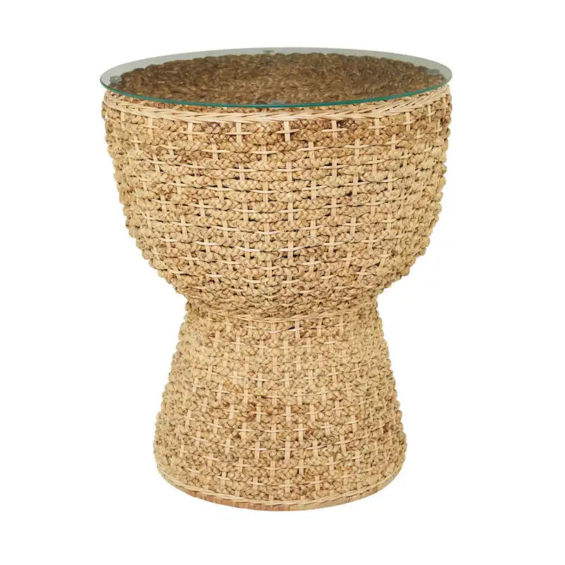 Tavolino da Caffè o d'Appoggio Affusolato in Rattan e Erba Marina Intrecciato a Mano con Piano in Vetro, Marrone Roche River Decor