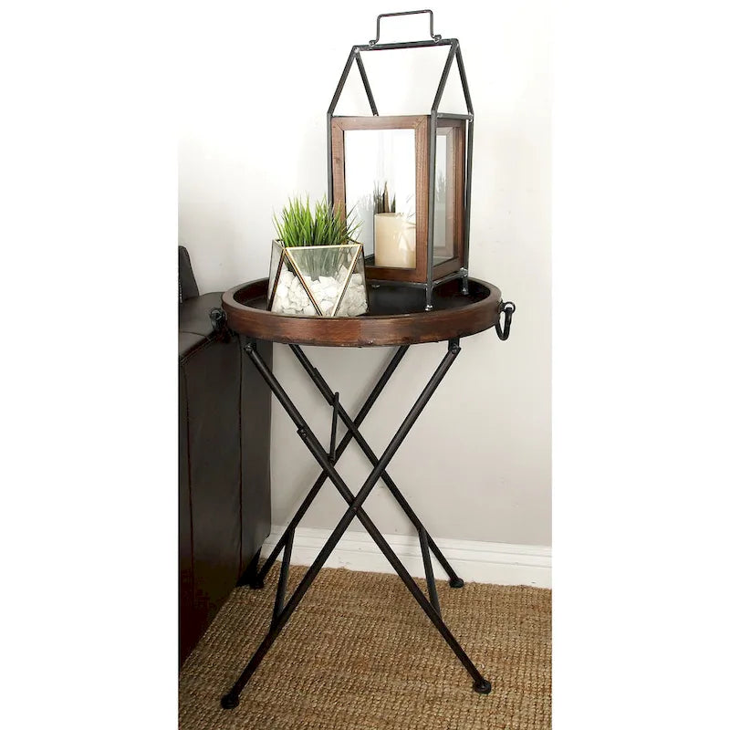 Tavolino d'appoggio in metallo con piano in legno marrone - Nero - Roche River Decor - 20L x 20P x 28H