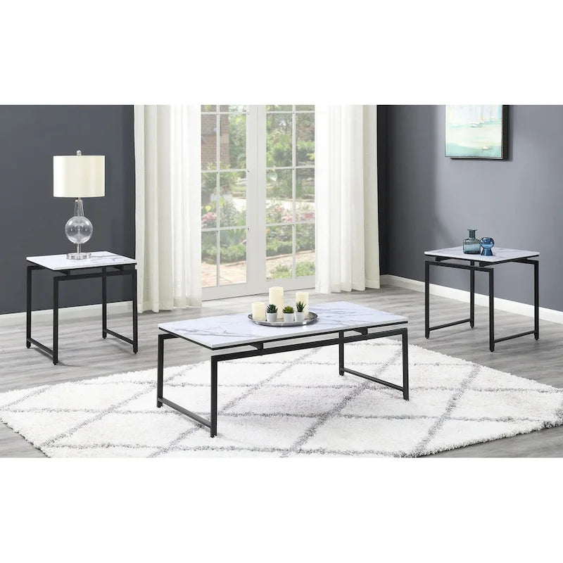 Set tavolino da salotto Clark 3 pezzi in finto marmo bianco