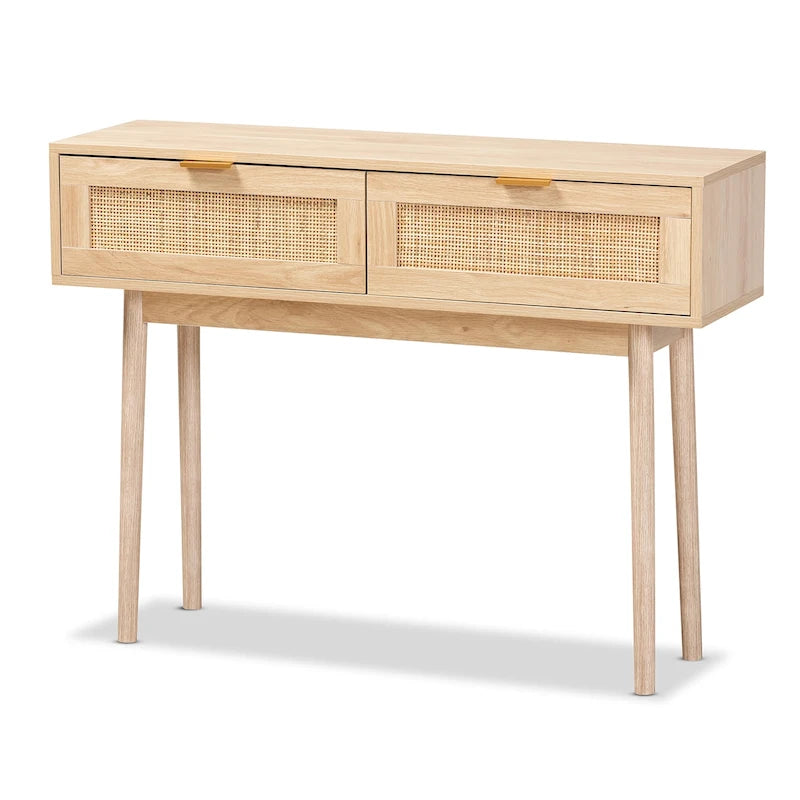 Console de table à 2 tiroirs en bois de chêne clair et rotin finition Baird