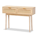 Console de table à 2 tiroirs en bois de chêne clair et rotin finition Baird