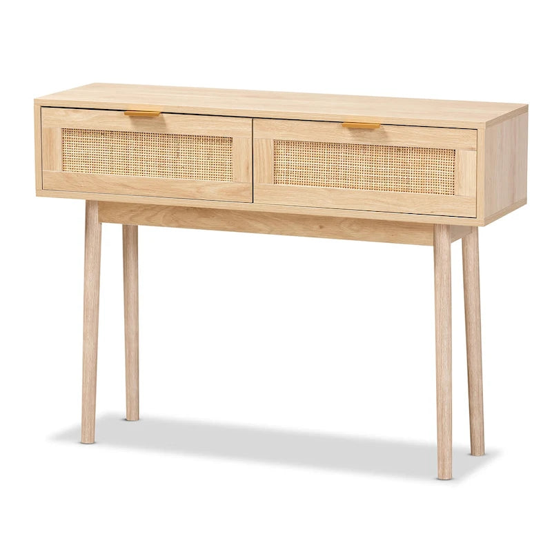 Console de table à 2 tiroirs en bois de chêne clair et rotin finition Baird