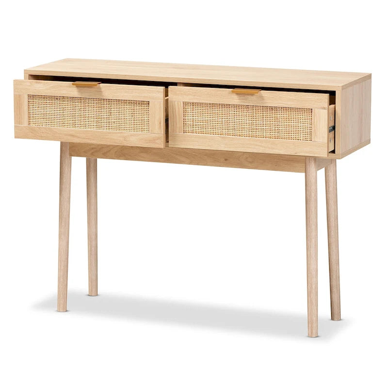 Console de table à 2 tiroirs en bois de chêne clair et rotin finition Baird