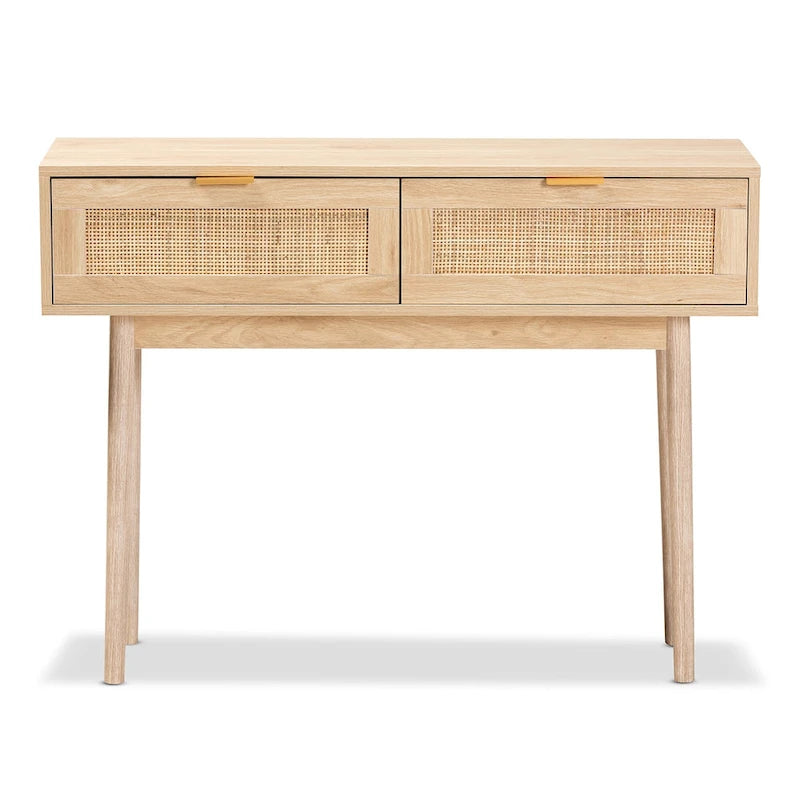 Console de table à 2 tiroirs en bois de chêne clair et rotin finition Baird
