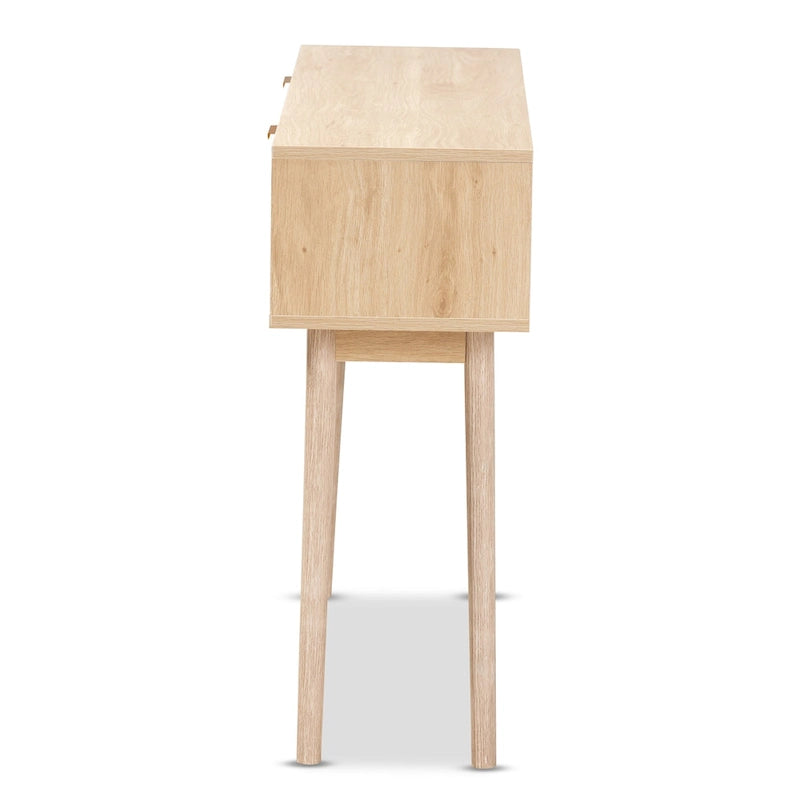 Console de table à 2 tiroirs en bois de chêne clair et rotin finition Baird
