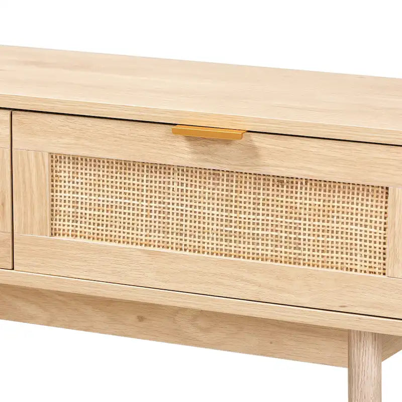 Console de table à 2 tiroirs en bois de chêne clair et rotin finition Baird
