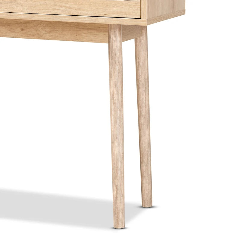 Console de table à 2 tiroirs en bois de chêne clair et rotin finition Baird