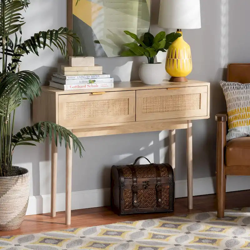 Console de table à 2 tiroirs en bois de chêne clair et rotin finition Baird