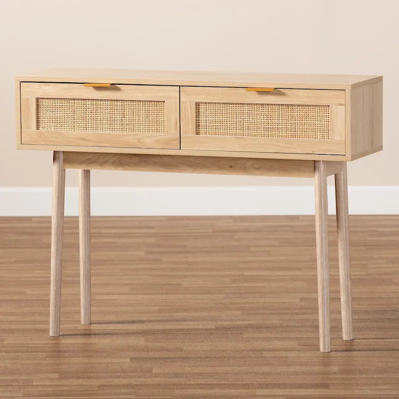 Console de table à 2 tiroirs en bois de chêne clair et rotin finition Baird