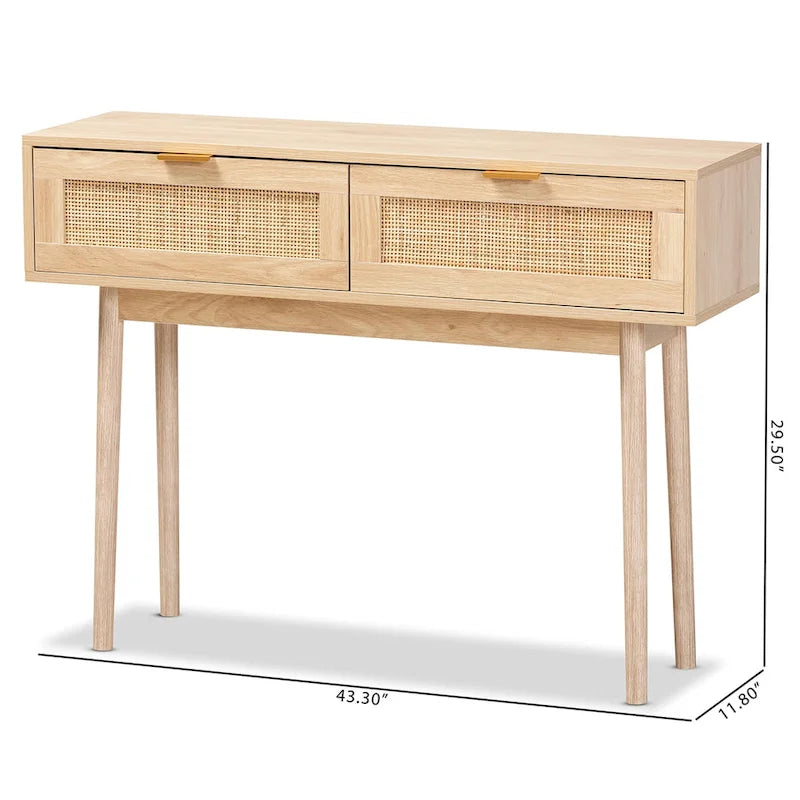 Console de table à 2 tiroirs en bois de chêne clair et rotin finition Baird