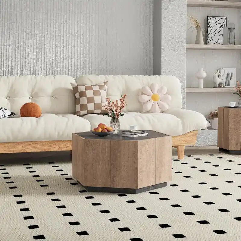Tavolino da caffè esagonale retrò da giardino con 2 cassetti