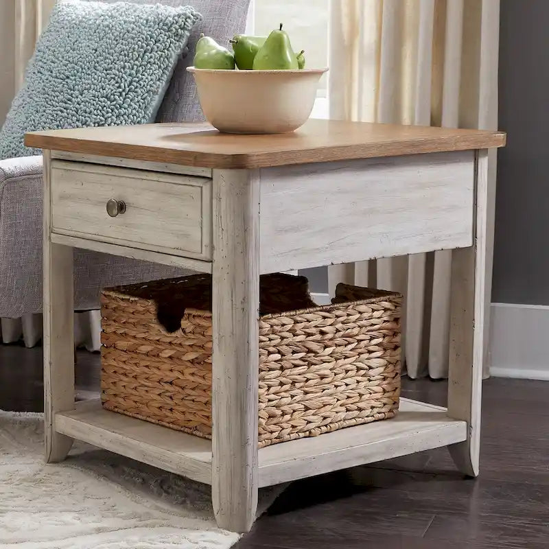 Tavolino Antico Bianco Stile Rustico Rinnovato con Cesto