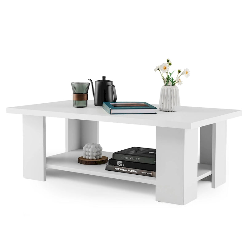 Table basse en bois de 36 pouces avec étagère de rangement, grande table à thé moderne à 2 niveaux