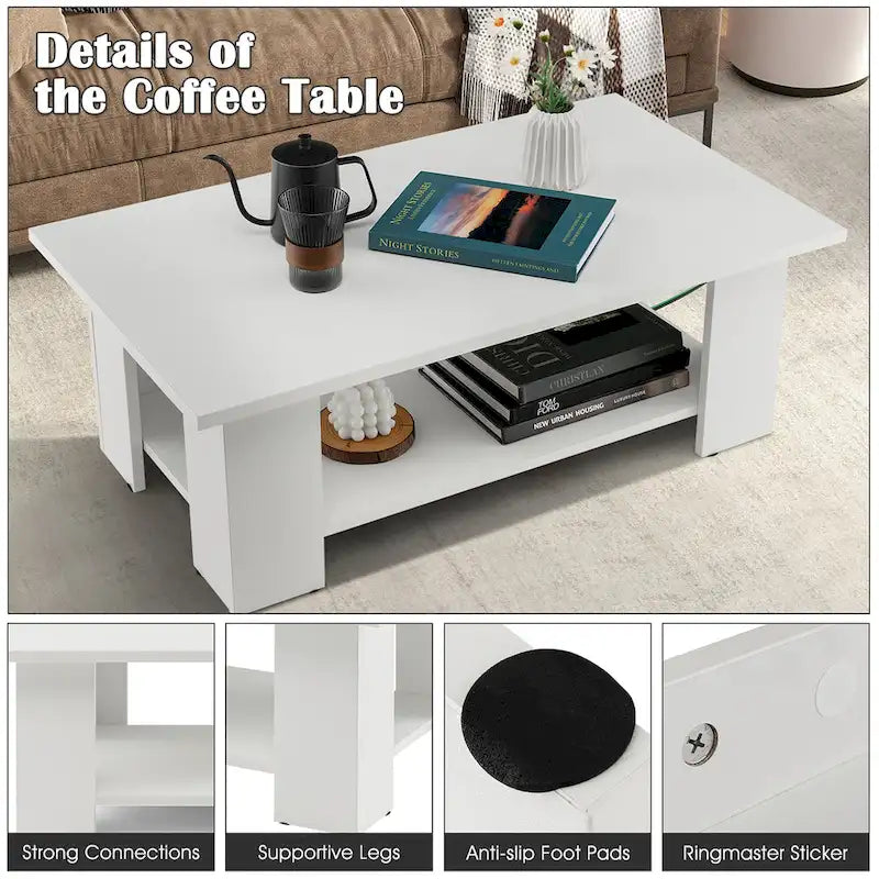 Table basse en bois de 36 pouces avec étagère de rangement, grande table à thé moderne à 2 niveaux