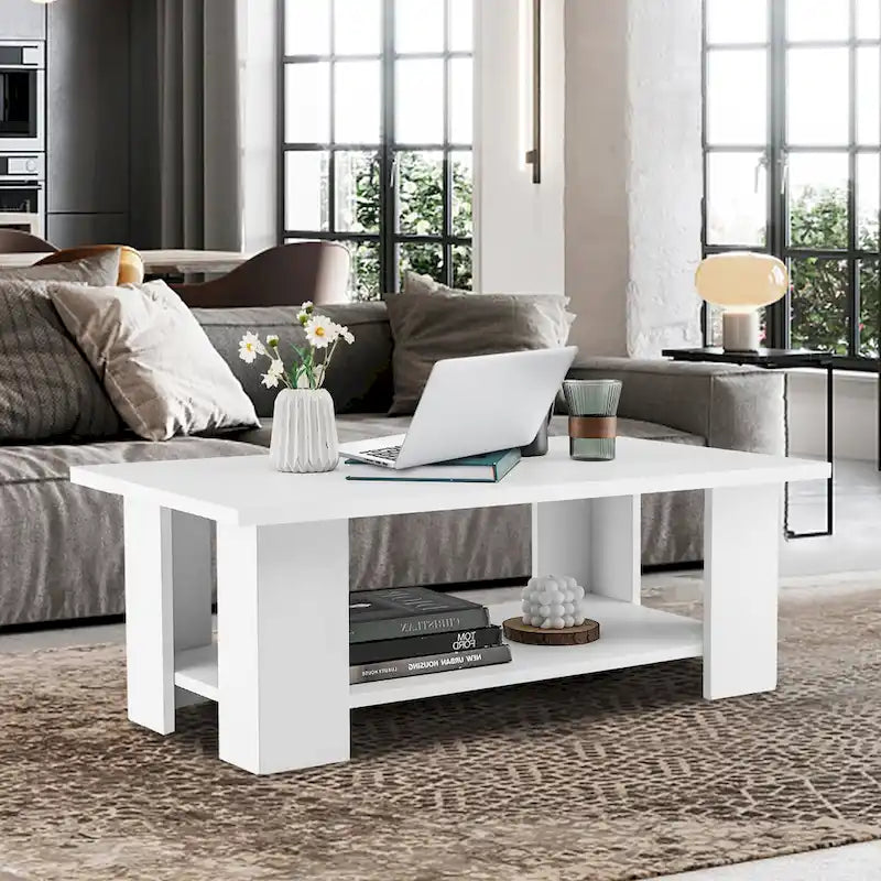 Table basse en bois de 36 pouces avec étagère de rangement, grande table à thé moderne à 2 niveaux