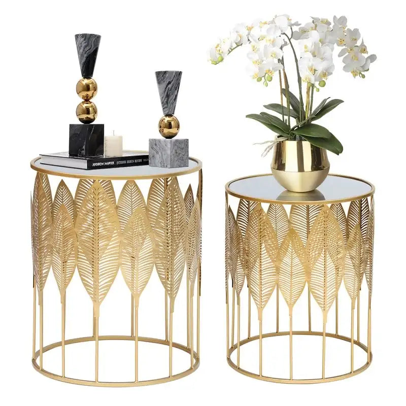 Adeco Gold Leaves Tavolini d'Appoggio Accent Coffee Comodini Set da 2