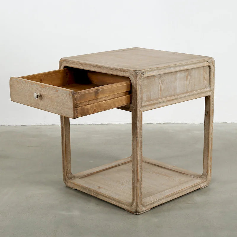 Tavolino laterale Artissance Peking Square con cassetto, altezza 68,5 cm, finitura bianca slavata